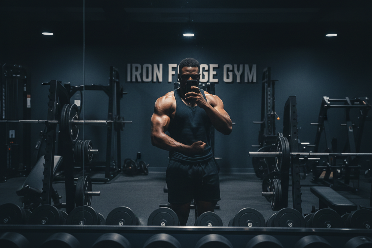 have a picture of a black guy very strong and good looking in a dark gym flexing the mirrior covering his face with the phone he is taking a picture with